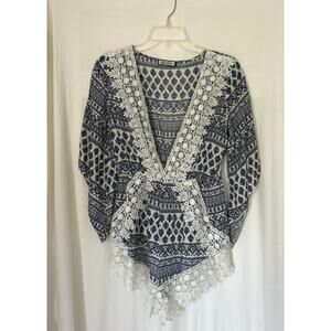 LEXI DREW Blue White Embroidered Rayon Romper One Piece Casual V-neck Womens S